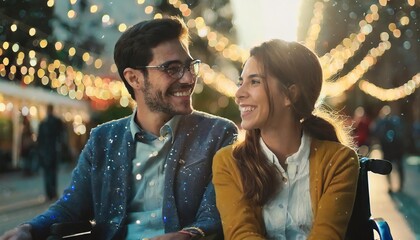 Young couple with disabilities in wheelchairs joyfully converse and laugh on the street during a festive - Powered by Adobe