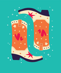 Hand drawn orange cowboy boots with hearts and stars on mint background. Cute greeting card vector illustration. Bright colorful design.