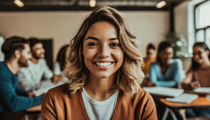 young adult multiracial multiethnic woman in a group study room or classroom, smiling joy