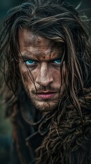 A Norwegian man with flowing hair and blue eyes in epic portrait style. Gorgeous man with complex costumes and penetrating gaze in shades of gray.