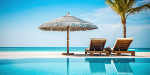 Luxury Poolside Loungers with Ocean View and Palm Tree.