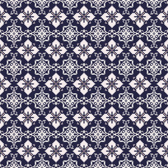 Geometric White Floral Pixel Art Seamless Pattern on Blue Background.  Vector design for background and wallpaper