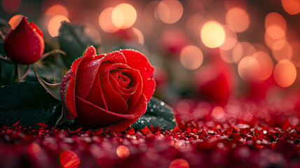 Valentine's Elegance: Dew-Kissed Red Rose with Bokeh Lights - Eternal Blossom Collection Capturing Romance & Passion, Ai Generated