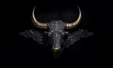 Fototapeta premium Skulptur eines Stier-Kopf aus Metall, mit goldenen Hörnern und Muster verziert. Illustration vor dunklem Hintergrund