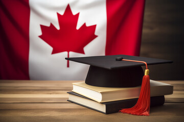 Stack of Books With a Graduation Hat and Canadian Flag in the Background