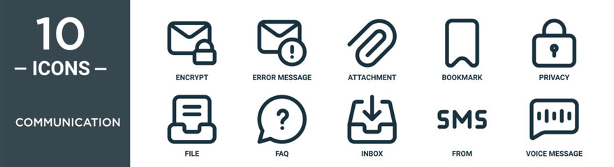 communication outline icon set includes thin line encrypt, error message, attachment, bookmark, privacy, file, faq icons for report, presentation, diagram, web design - obrazy, fototapety, plakaty