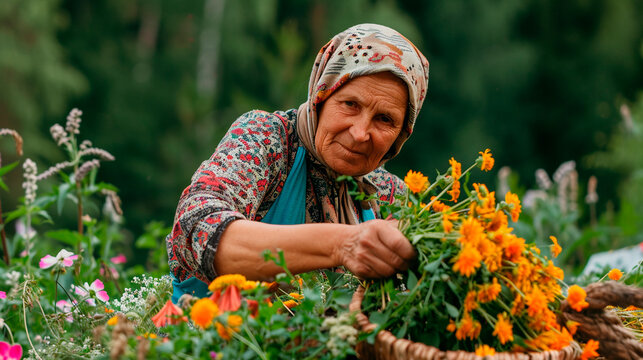 Woman in the garden collecting medicinal herbs. Selective focus.