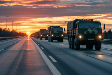 A column of military vehicles driving on the highway at dawn.