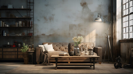 A rustic living room with a stone fireplace a distressed leather sofa and a wooden coffee table
