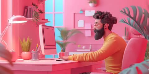 A man in orange clothing gazes thoughtfully at the indoor desk, surrounded by mostly pink furniture, a wall adorned with a vase and plant, while a man works diligently on his computer