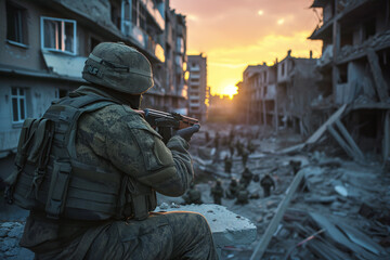 A soldier in camouflage with a machine gun stands among the ruins of a destroyed city.