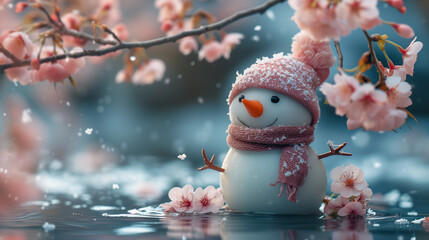 Snowman in spring - obrazy, fototapety, plakaty
