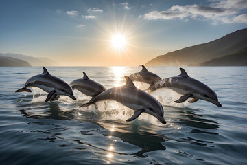A pod of dolphins jumping over the sea - obrazy, fototapety, plakaty