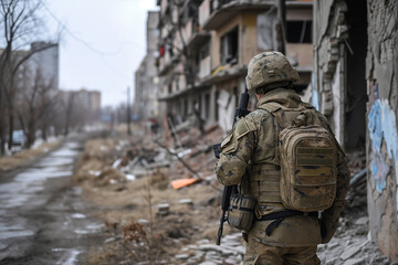 A soldier in camouflage with a machine gun stands among the ruins of a destroyed city.
