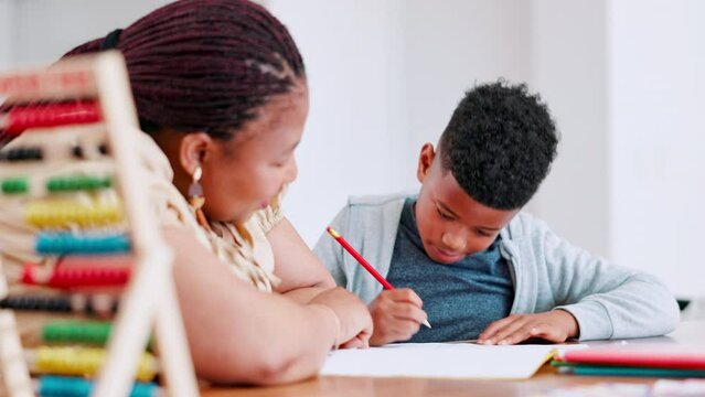 Homework, help and mother and son in kitchen with books for studying, learning or teaching at home together. Education, child development and black family in house for writing, project or math lesson