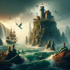 Un faro antiguo en la cima de un acantilado, guiando a los barcos a través de tormentas y neblinas, mientras sirenas cantan en las rocas cercanas. - obrazy, fototapety, plakaty