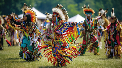 A Native American powwow celebration, featuring dancers adorned in vibrant regalia, their intricate movements creating a mesmerizing visual display of cultural richness and traditi - obrazy, fototapety, plakaty