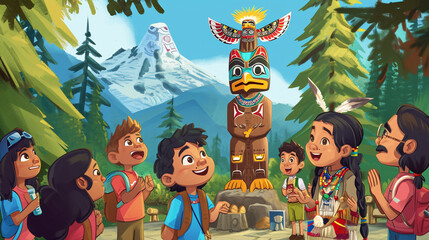 A group of Native American children learning traditional storytelling around a totem pole, the animated expressions and vivid imagery adding an educational and cultural dimension t