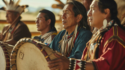 An intimate portrait of a Native American family engaged in traditional drumming and singing, their expressions reflecting the spiritual and communal significance of indigenous mus - obrazy, fototapety, plakaty
