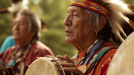 An intimate portrait of a Native American family engaged in traditional drumming and singing, their expressions reflecting the spiritual and communal significance of indigenous mus