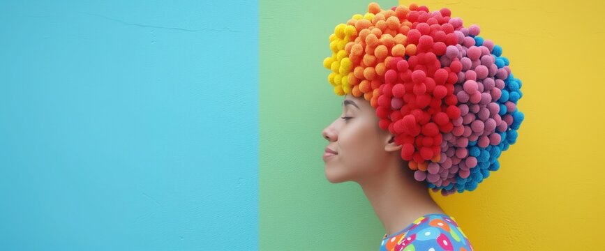 side view of colorful hair woman standing against a colorful wall, hope, happy person, mental health concept, copy space