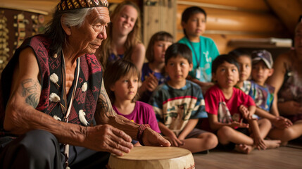 An elder passing down traditional knowledge to a group of eager young learners, creating a visually rich scene that emphasizes the importance of intergenerational transmission of c