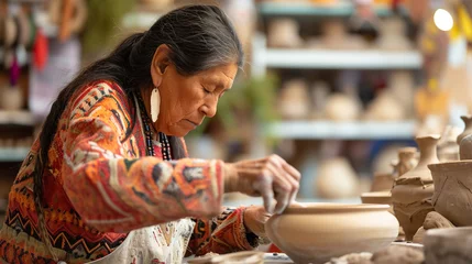 Fotobehang A Native American artist creating pottery, using traditional techniques and designs that reflect the heritage and artistic legacy of indigenous peoples. © Kateryna Arkhypova