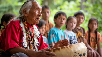 An elder passing down traditional knowledge to a group of eager young learners, creating a visually rich scene that emphasizes the importance of intergenerational transmission of c