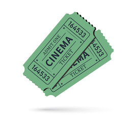 Cinema admit one tickets in green color vector with shadow on white background. One person entry tickets - Vector Art
