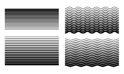 Fading Lines set. Striped Pattern. Halftone Gradient Lines. Black wavy and zigzag lines for minimalist banners and posters. Geometric background.