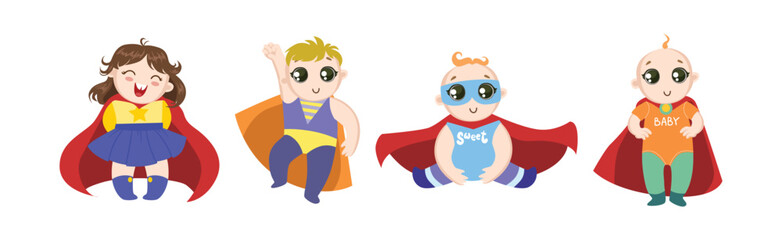 Cute Baby Kids Superhero Character in Cape Vector Set