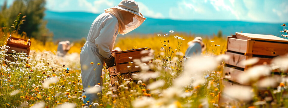 Apiaries and a beehive in the meadow. Selective focus.