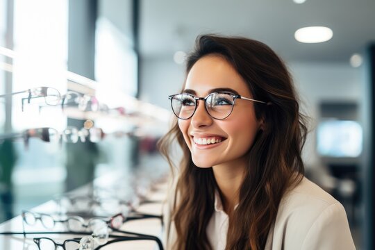 A young smiling woman wearing glasses at an Optical Store