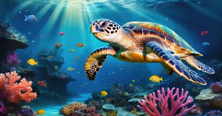 Fototapeta na wymiar Colorful Glowing Sea Turtle swimming in the dark blue ocean water. in the Blue Depths Neon underwater