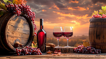 Fototapeta premium Barrel and wine in the vineyard. Selective focus.