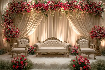Fototapeta na wymiar white with golden bright curtain wedding stage with red flowers frames