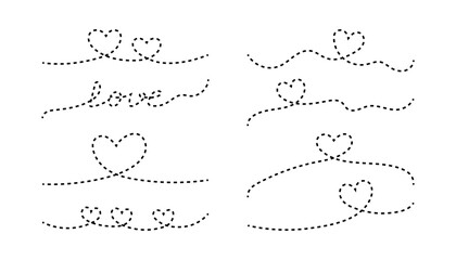Obraz premium Set of love decorative elements - dotted heart line. Set of romantic dashed lines. For Valentine's Day, for wedding or anniversary. Love design element, cute hand drawn doodle heart.