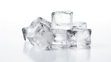 Chill vibes: Cold ice cubes on a white space, offering a refreshing visual treat.
