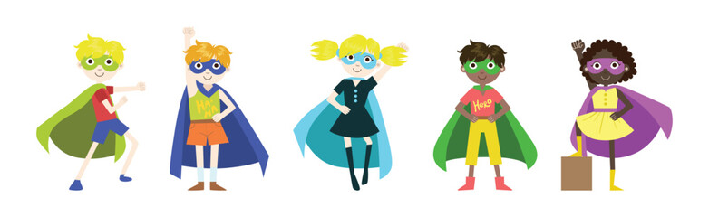 Cute Baby Kids Superhero Character in Cape Vector Set