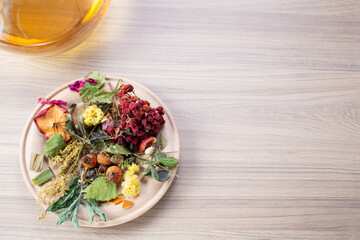 Alternative medicine. Endobiogenics, new look at medicine, medicinal herbs on wooden background. Top view