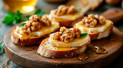 Obraz na płótnie Canvas Bruschetta with camembert with honey and nuts. Selective focus.