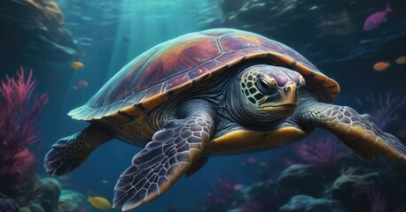 Fototapeta premium Colorful Glowing Sea Turtle swimming in the dark blue ocean water. in the Blue Depths Neon underwater