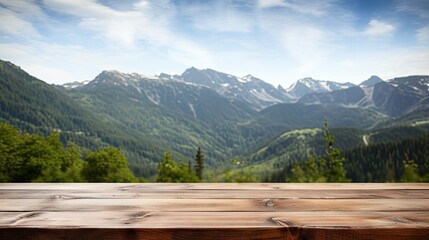 "Nature's tabletop: Wooden table background with free space for your decoration, set against a blurred camping scene in the mountains
