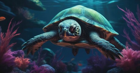 Obraz premium Colorful Glowing Sea Turtle swimming in the dark blue ocean water. in the Blue Depths Neon underwater