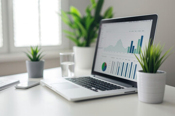 minimalist workspace with a laptop, financial charts, and a plant, creating a balanced and aesthetically pleasing financial background in a minimalistic style