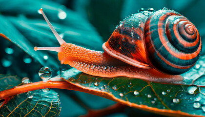 Snail on a dewy leaf in teal and orange tones. - obrazy, fototapety, plakaty
