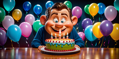 Obraz na płótnie Canvas A cartoon man with big ears and a big smile stands in front of a birthday cake with candles and balloons in the background.