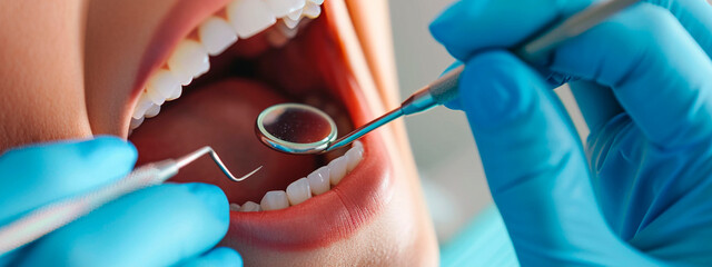 The dentist looks at the patient's teeth. Selective focus. - obrazy, fototapety, plakaty