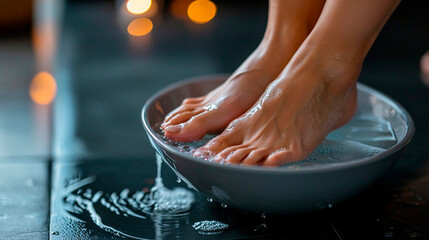 Feet foot bath in spa salon. Selective focus. - obrazy, fototapety, plakaty