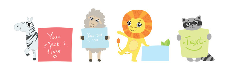 Funny Animal Character Holding Banner or Placard Vector Set